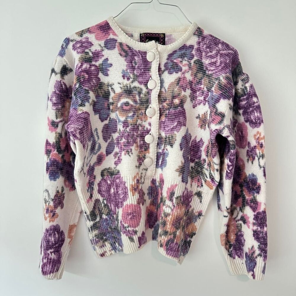 Vintage Cote à Cote Floral Knit Cardigan Wool Blend Sweater Purple Pink